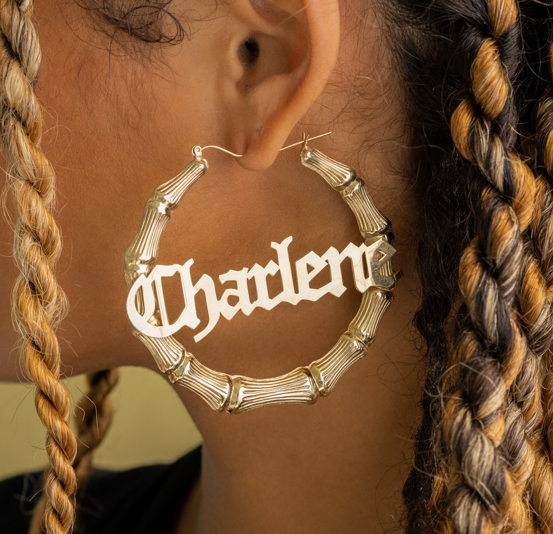 Gothic Bamboo Hoop Name Earrings - Image 5
