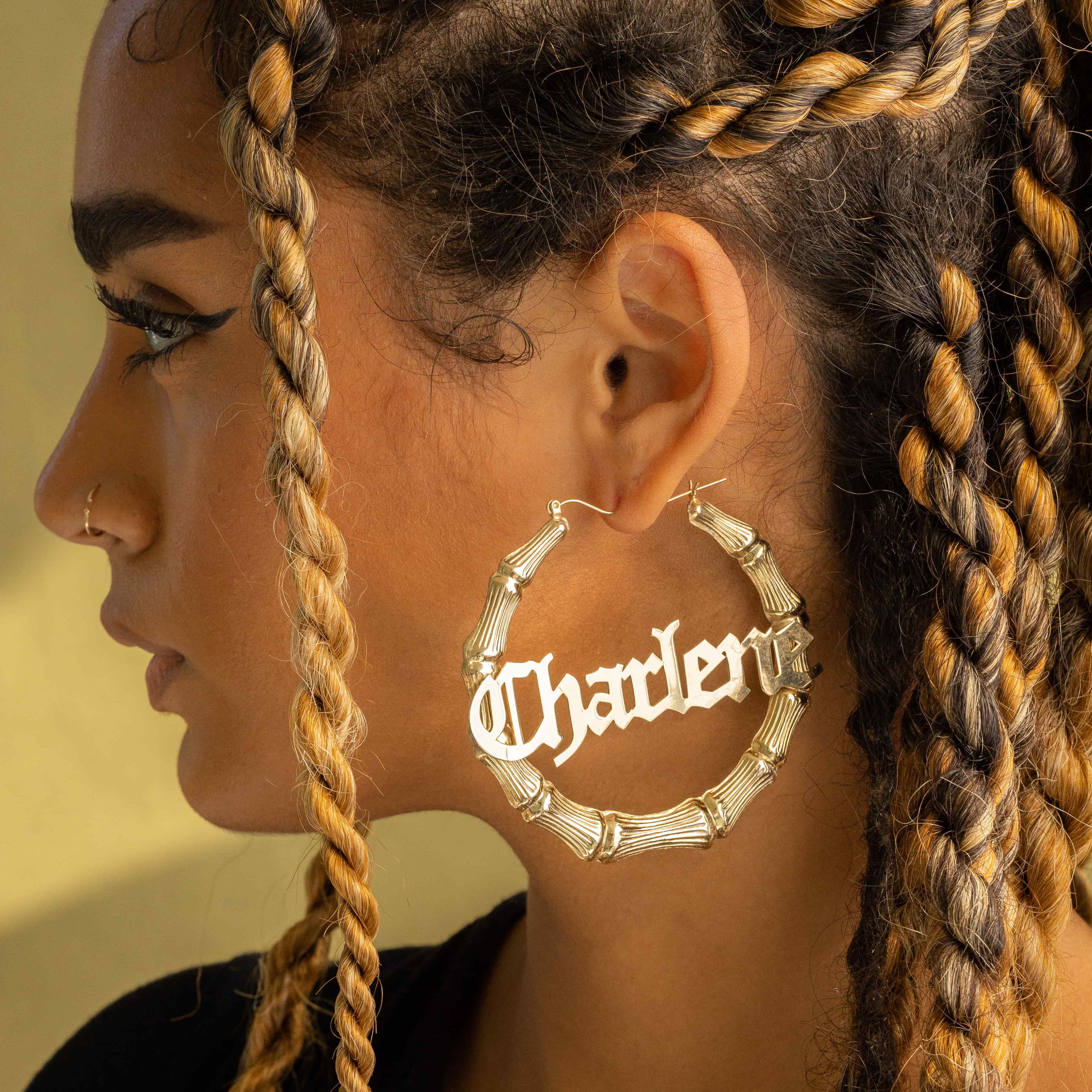 Gothic Bamboo Hoop Name Earrings - Image 6