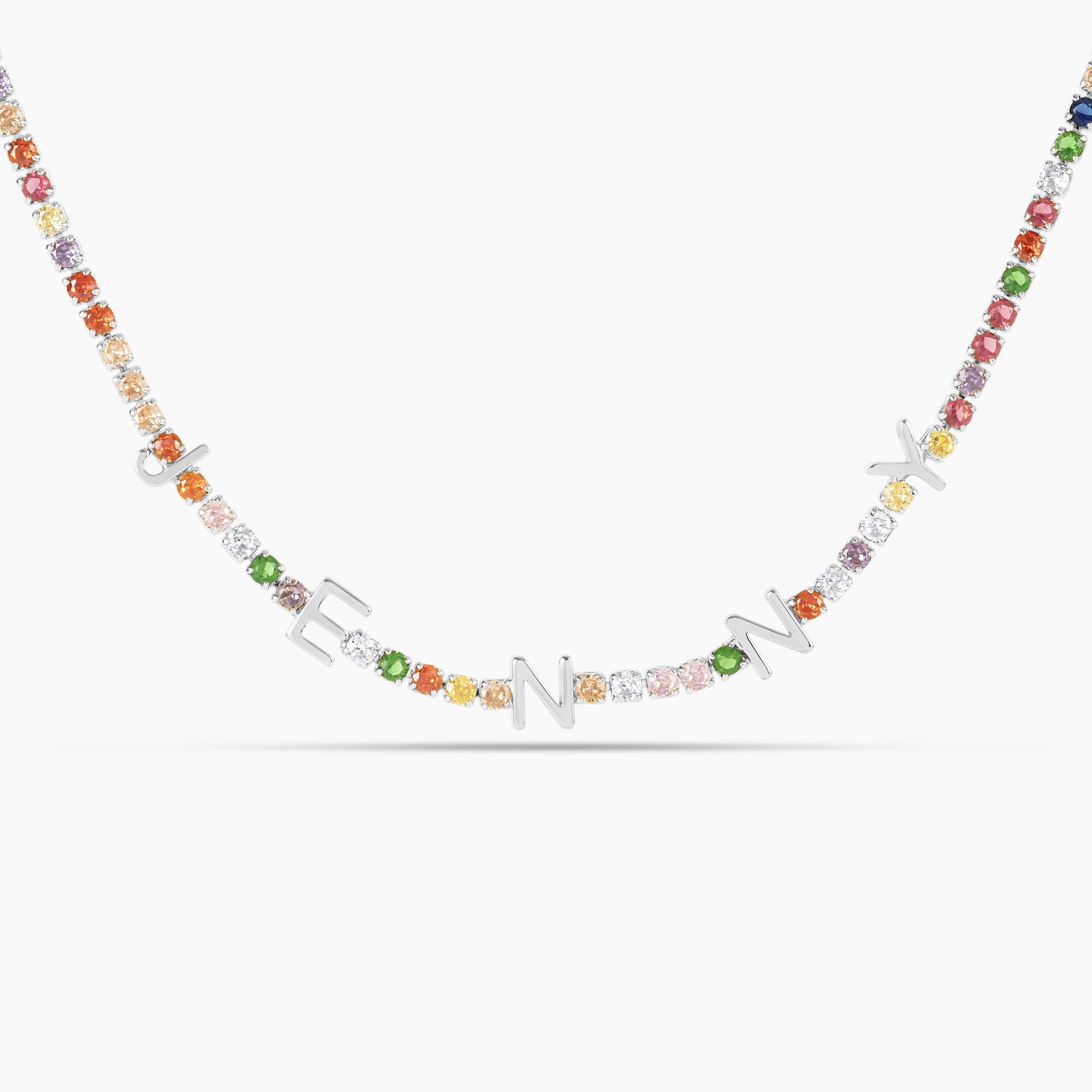 Spaced Out Name Necklace with Rainbow Tennis Chain - Image 2