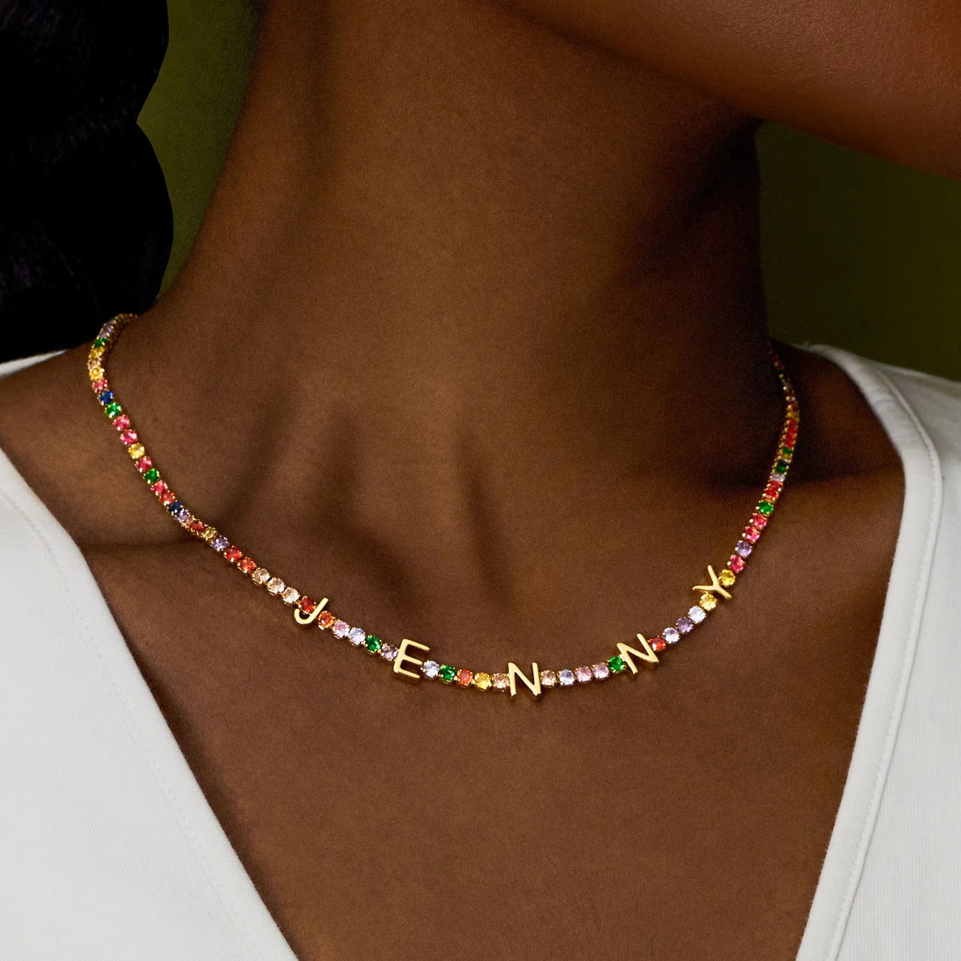 Spaced Out Name Necklace with Rainbow Tennis Chain - Image 4